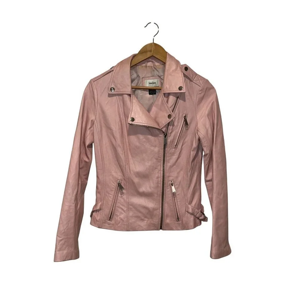 Neiman Marcus Genuine Pink Leather Zipper Pockets Moto Jacket Women's Size S